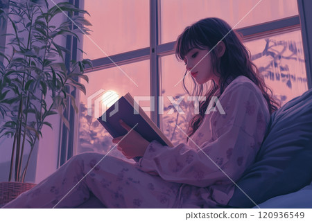 月光下靠窗讀書的女人的治癒插畫 120936549