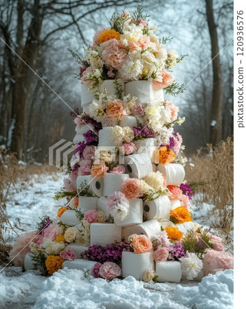Christmas tree crafted from toilet paper rolls, blending humor and creativity 120936576