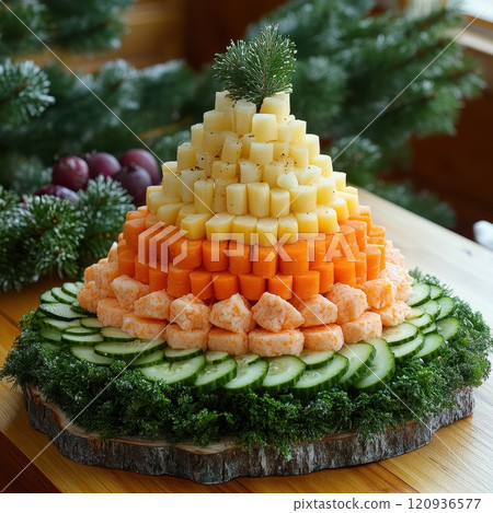 vegetable salad as Christmas tree, blending healthy eating with festive creativity, holiday presentation 120936577