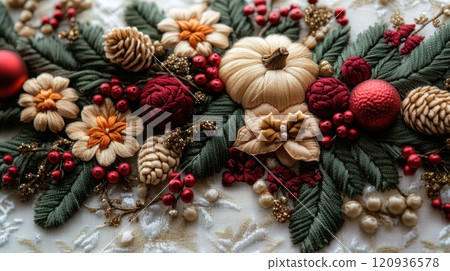 3D embroidery design featuring intricate Christmas-themed elements, vibrant textures 120936578