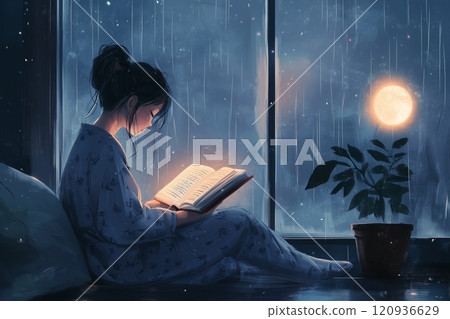 夜晚在西式房間放鬆的女人溫馨的插畫 120936629