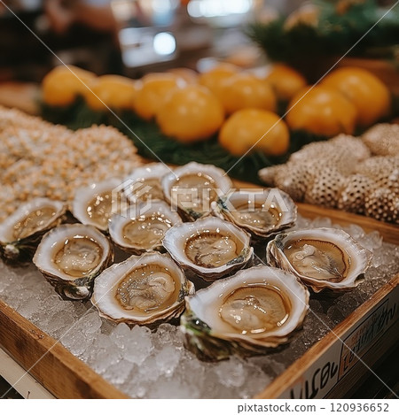 Fresh oysters and sea urchin piles on fish market in port, sea food sale, many oysters 120936652