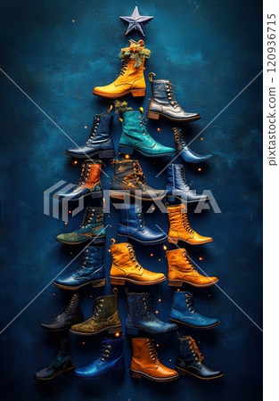 Christmas Tree Shape Made of boots. boots Signs and Xmas Spruce Silhouette, New Year boots 120936715