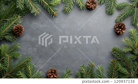 Frosted Gray Holiday Background with Pine Branches and Pinecones Frosted Gray Holiday Background with Pine Branches and Pinecones 120937138
