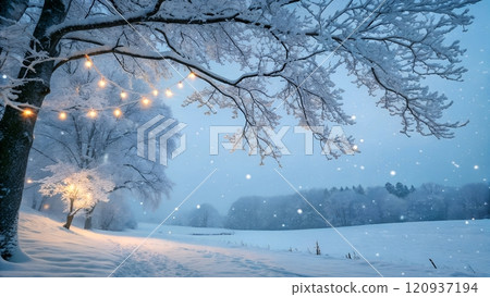 Snowy winter evening landscape with glowing string lights and frosted trees 120937194