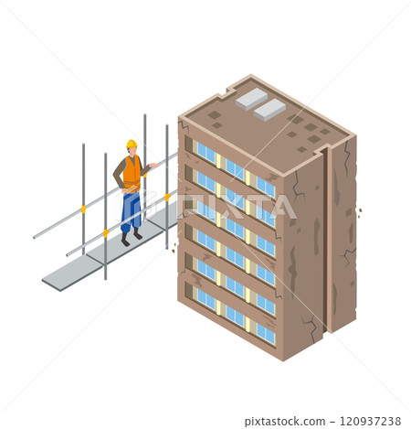 A dilapidated apartment building undergoing repairs 120937238