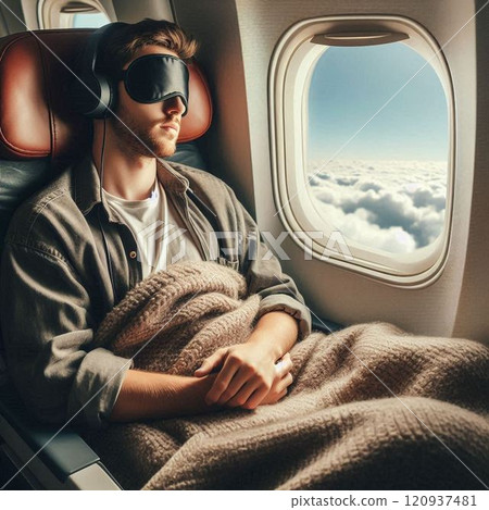 男人在飛機上睡覺 120937481
