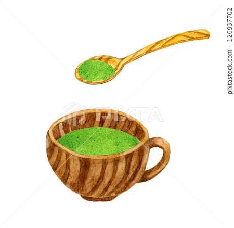 Spinach potage and wooden tableware Hand-drawn watercolor illustration of cooking and food Spinach potage and wooden tableware Hand-drawn watercolor illustration of cooking and food 120937702