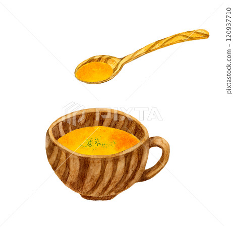 南瓜湯和木製餐具手繪水彩烹飪和食物插畫素材 南瓜湯和木製餐具手繪水彩烹飪和食物插畫素材 120937710