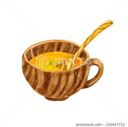 Pumpkin potage and wooden tableware Hand-drawn watercolor illustration of cooking and food 120937712
