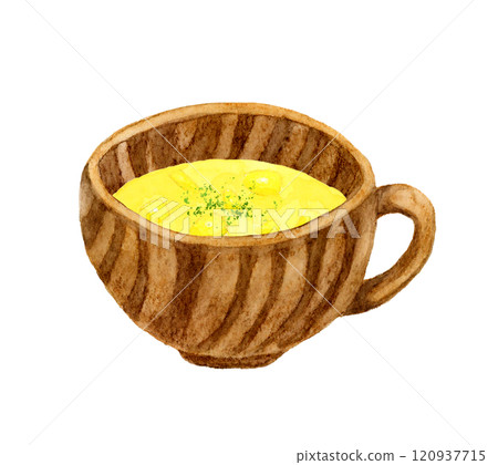 Corn soup and wooden tableware Hand-drawn watercolor illustration of cooking and food Corn soup and wooden tableware Hand-drawn watercolor illustration of cooking and food 120937715