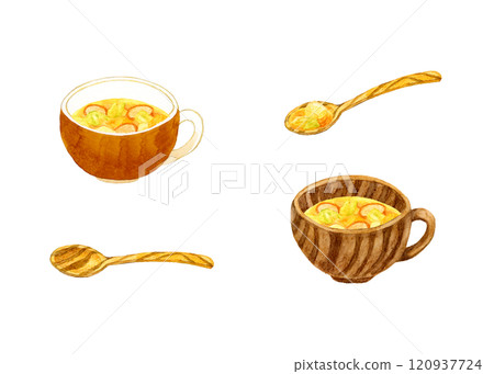 一套清湯（蔬菜湯）和木製餐具收集手繪水彩插圖的烹飪和食物。 120937724