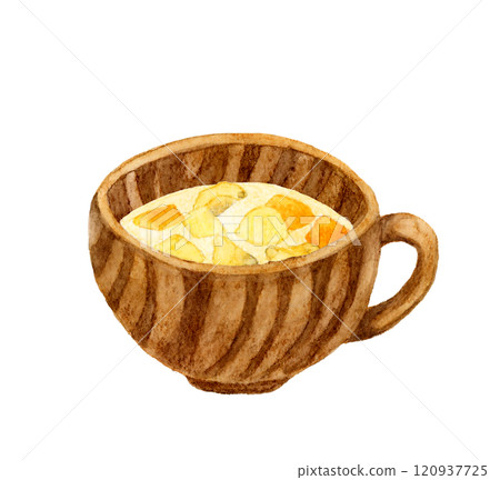 蛤蜊濃湯和木匙烹飪和食物手繪水彩插畫素材 120937725