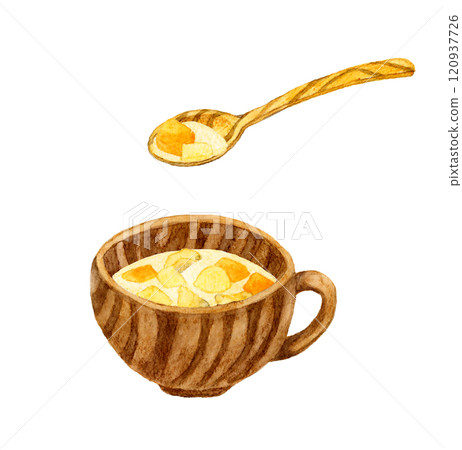 Clam chowder and wooden spoon Hand-drawn watercolor illustration of food 120937726