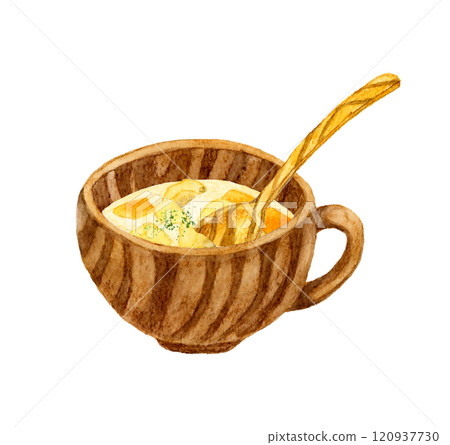 Clam chowder and wooden spoon Hand-drawn watercolor illustration of food 120937730