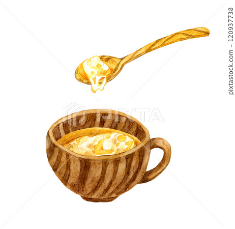洋蔥焗湯和木製餐具手繪水彩烹飪和食物插畫素材 120937738