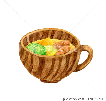 Pot-au-feu（蔬菜湯）和木製餐具手繪水彩烹飪和食物插畫素材 120937741