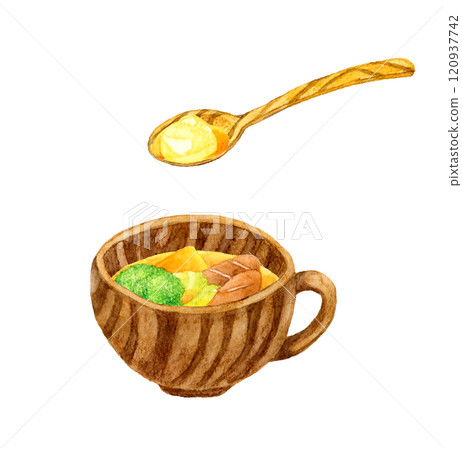Pot-au-feu (vegetable soup) and wooden tableware Hand-drawn watercolor illustration of cooking and food Pot-au-feu (vegetable soup) and wooden tableware Hand-drawn watercolor illustration of cooking and food 120937742