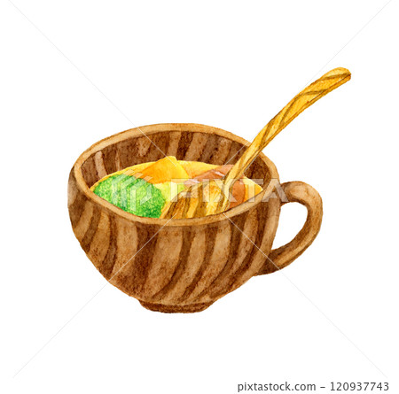 Pot-au-feu（蔬菜湯）和木製餐具手繪水彩烹飪和食物插畫素材 120937743