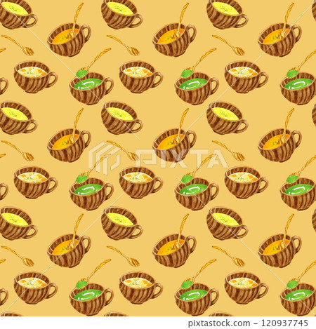 Seamless pattern of 4 kinds of soup and potage. Hand-drawn watercolor illustration food pattern. Seamless pattern of 4 kinds of soup and potage. Hand-drawn watercolor illustration food pattern. 120937745