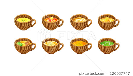 Set of 8 types of soup and potage - Hand-drawn watercolor illustrations of dishes and food 120937747