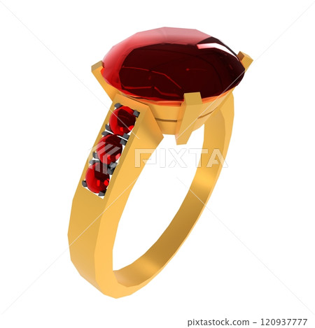 Elegant red gemstone ring with gold band set against white background Elegant red gemstone ring with gold band set against white background 120937777