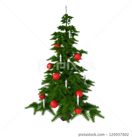 Red-ornamented Christmas tree with candles on white background Red-ornamented Christmas tree with candles on white background 120937802