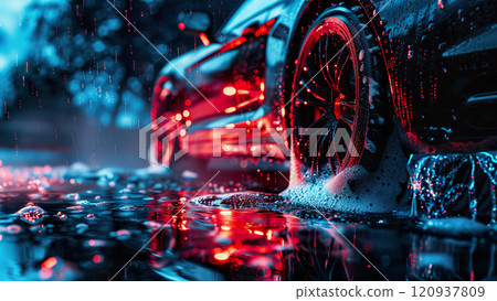 car is being washed with soap and water, the tire is covered in foam. 120937809