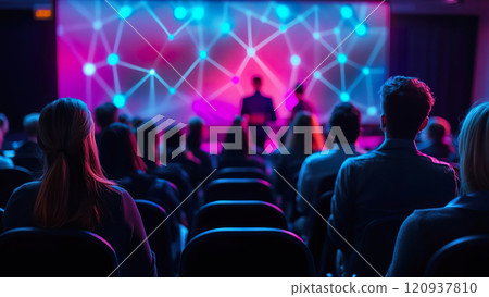 large audience sits in chairs, facing stage with speaker and screen showing colorful lights. 120937810