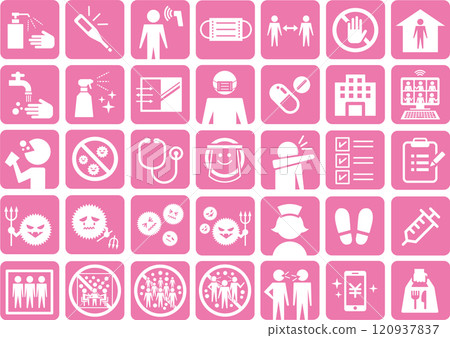 New coronavirus infection prevention and control icons (disinfection, temperature checks, masks, new lifestyles, etc.) New coronavirus infection prevention and control icons (disinfection, temperature checks, masks, new lifestyles, etc.) 120937837