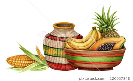 Fruit plate with banana, pineapple, papaya and woven jug Kwanzaa arrangement. Hand drawn watercolor holiday illustration of traditional symbol. Isolated drawing for African-American festive designs. 120937848
