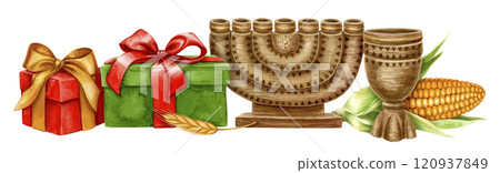 Kwanzaa arrangement of empty Kinara with Unity Cup and wrapped gift. Hand drawn watercolor holiday illustration of traditional symbol. Isolated drawing for African-American festive designs. 120937849