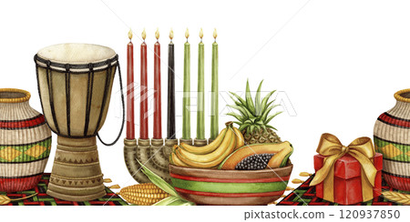Kwanzaa seamless border of Kinara with African drum and fruit plate. Hand drawn watercolor holiday illustration of traditional symbol. Isolated drawing for African-American cultural festive designs. Kwanzaa seamless border of Kinara with African drum and fruit plate. Hand drawn watercolor holiday illustration of traditional symbol. Isolated drawing for African-American cultural festive designs. 120937850