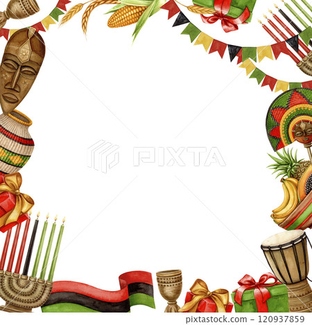 Kwanzaa square frame of African unity flag, Kinara, mask, fruit plate and gift. Hand drawn watercolor holiday illustration of traditional symbol. Isolated drawing for African-American designs. 120937859
