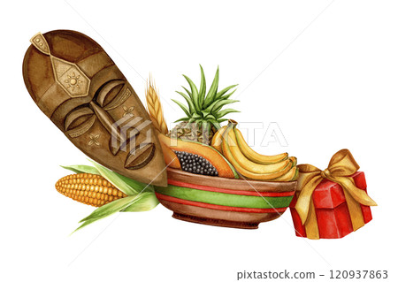 Kwanzaa curved arrangement of African mask with fruit plate and gift. Hand drawn watercolor holiday illustration of traditional symbol. Isolated drawing for African-American festive designs. 120937863
