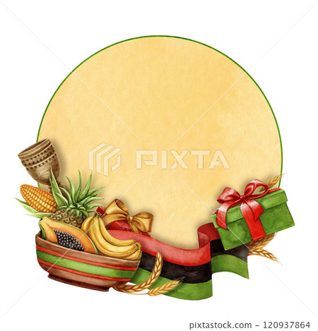 Kwanzaa round frame with copy space of African unity flag, fruit plate and gift. Hand drawn watercolor holiday illustration of traditional symbol. Isolated drawing for African-American designs. 120937864