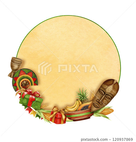 Kwanzaa round frame with copy space of African mask, fan, fruit plate and gift. Hand drawn watercolor holiday illustration of traditional symbol. Isolated drawing for African-American designs. 120937869