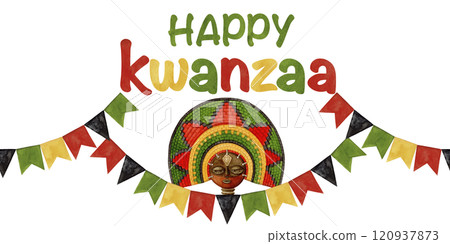 Happy Kwanzaa seamless border of African woven fan and party garland. Hand drawn watercolor holiday illustration of traditional symbol. Isolated drawing for African-American festive designs. Happy Kwanzaa seamless border of African woven fan and party garland. Hand drawn watercolor holiday illustration of traditional symbol. Isolated drawing for African-American festive designs. 120937873