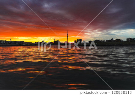 Nakagawa River and Skytree in the sunset 120938113