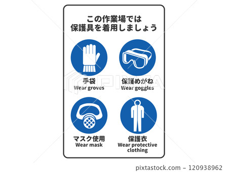 Protective equipment wearing instruction sign, composite pictogram and safety mark sign illustration 120938962