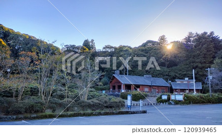 "Sunset in the forest and mountain hut" 120939465