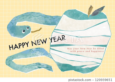 蛇年新年賀卡模板，上面有一條剪紙風格的蛇和一個去皮的蘋果 120939651