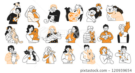 Happy owners embracing beloved pets on white background Happy owners embracing beloved pets on white background 120939654