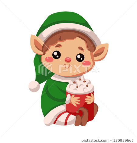 Cute little elf with cocoa cup flat color vector character Cute little elf with cocoa cup flat color vector character 120939665