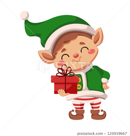 Happy elf holding gift box flat color vector character Happy elf holding gift box flat color vector character 120939667