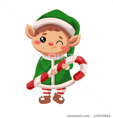 Winking little elf with candy cane flat vector character 120939668