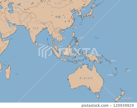 World map in Japanese, Earth, city names, country names, Japan surroundings, image 120939929