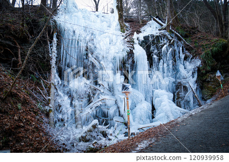Winter landscape of a waterfall with icicles Winter landscape of a waterfall with icicles 120939958
