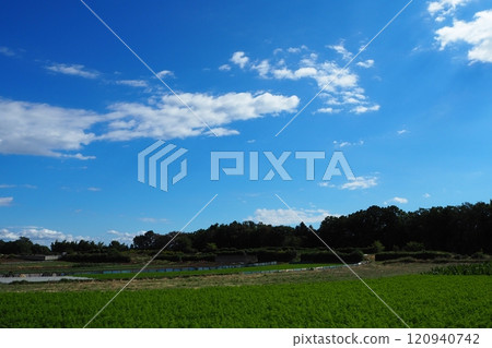 A nearby hill that stands out against the pleasant blue sky 120940742