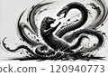 A sumi-e painting of a viper and a mongoose fighting 120940773